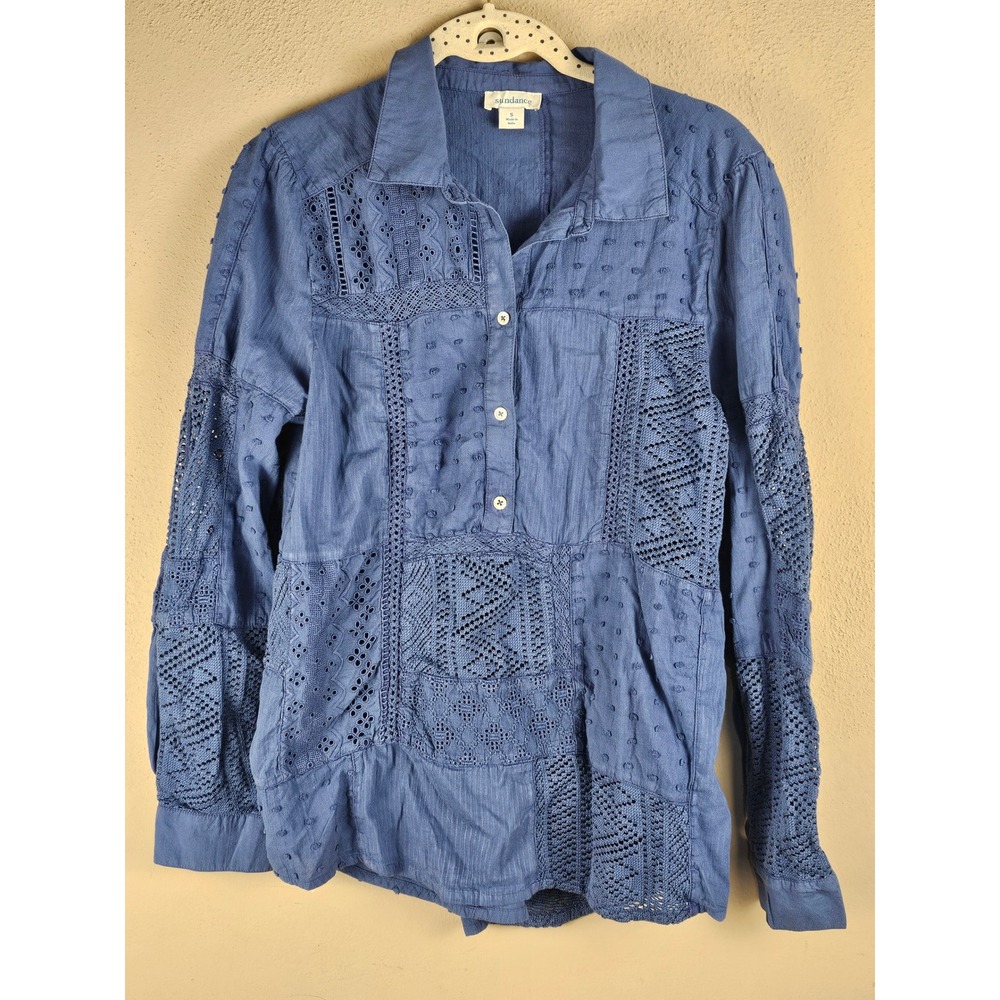 Sundance Womens Blue‎ Patchwork Embroidered Button Down Shirt Blouse Small